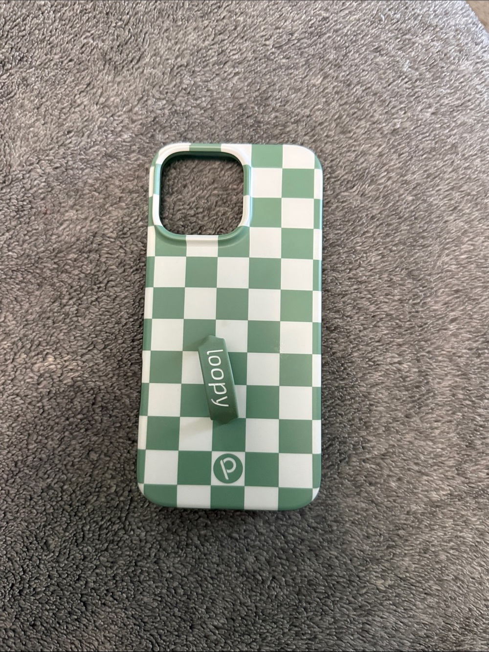 iPhone 16 pro max Loopy Case Green and White Checkered Phone Case with Loop Grip
